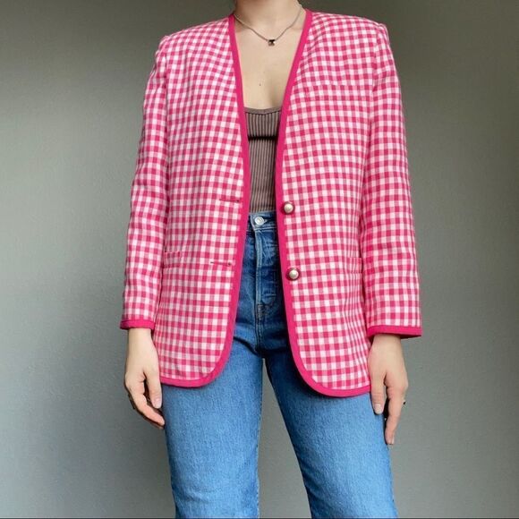 Vintage 80s Pink White Cotton Checkered Preppy Plaid Oversized Blazer Sz M - Picture 1 of 12